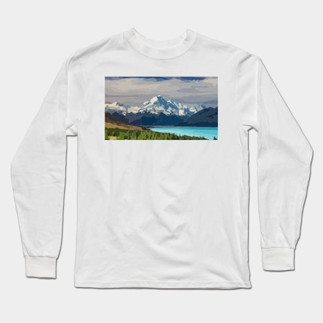 Mt Cook Digital Painting Long Sleeve T-Shirt by gktb